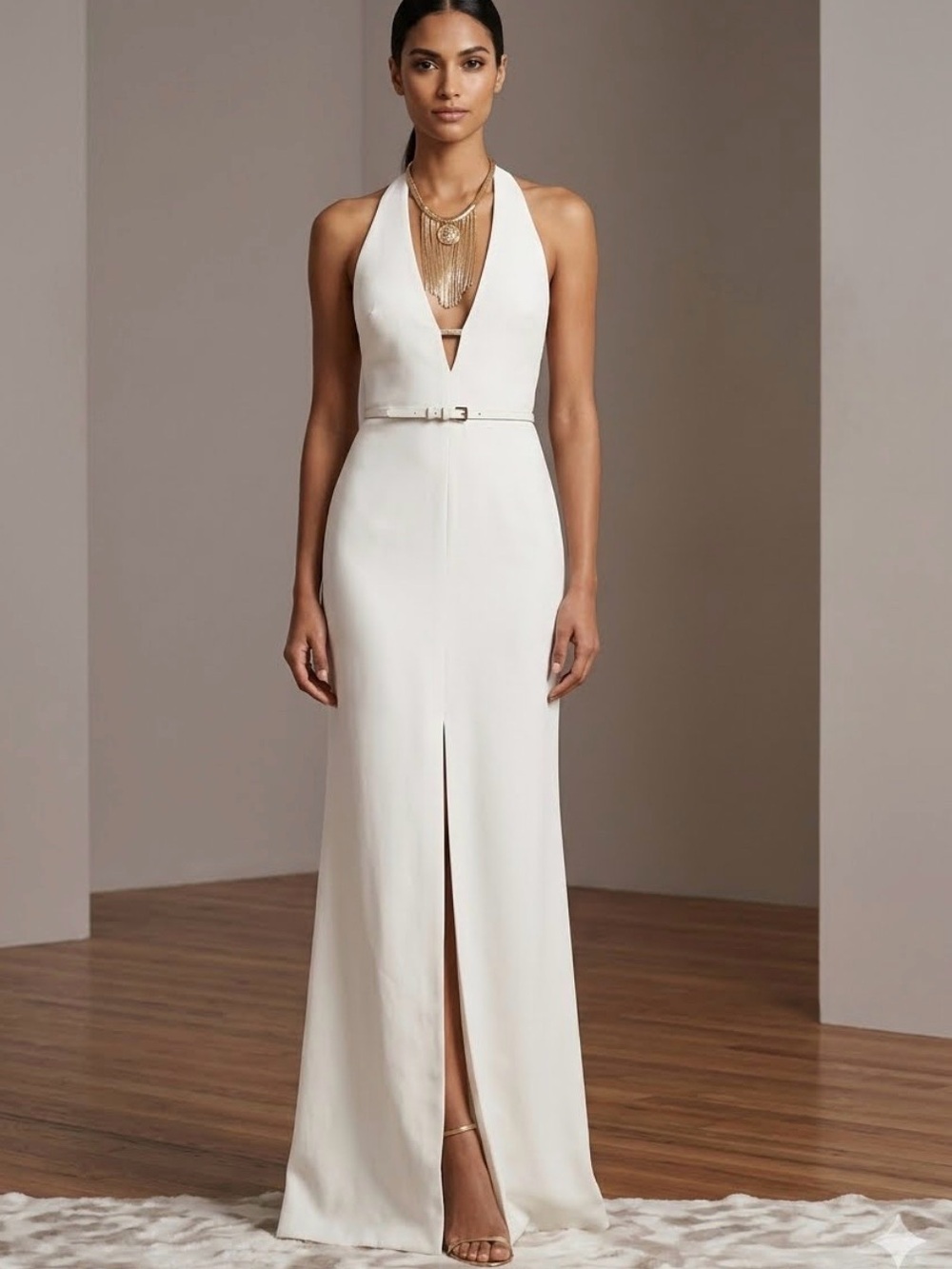 Halston Heritage Ivory Halter V-Neck Maxi Dress